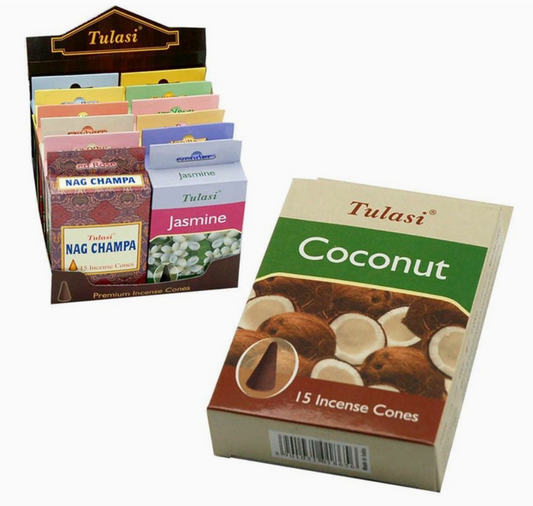 Cônes d'Encens Parfum Noix de Coco - Tulasi - Arôme Exotique et Enivrant - Boîte de 15