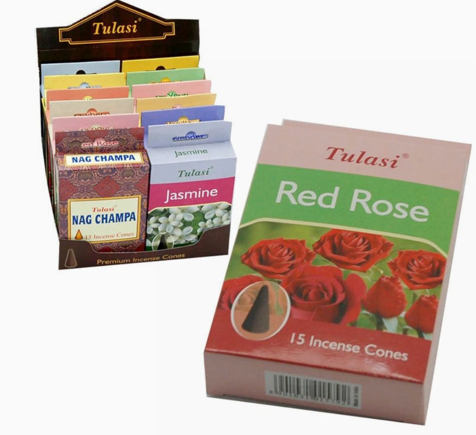 Cônes d'Encens Parfum Rose Rouge - Tulasi - Arôme Floral et Enivrant - Boîte de 15