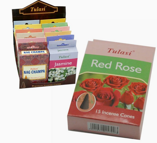 Cônes d'Encens Parfum Rose Rouge - Tulasi - Arôme Floral et Enivrant - Boîte de 15